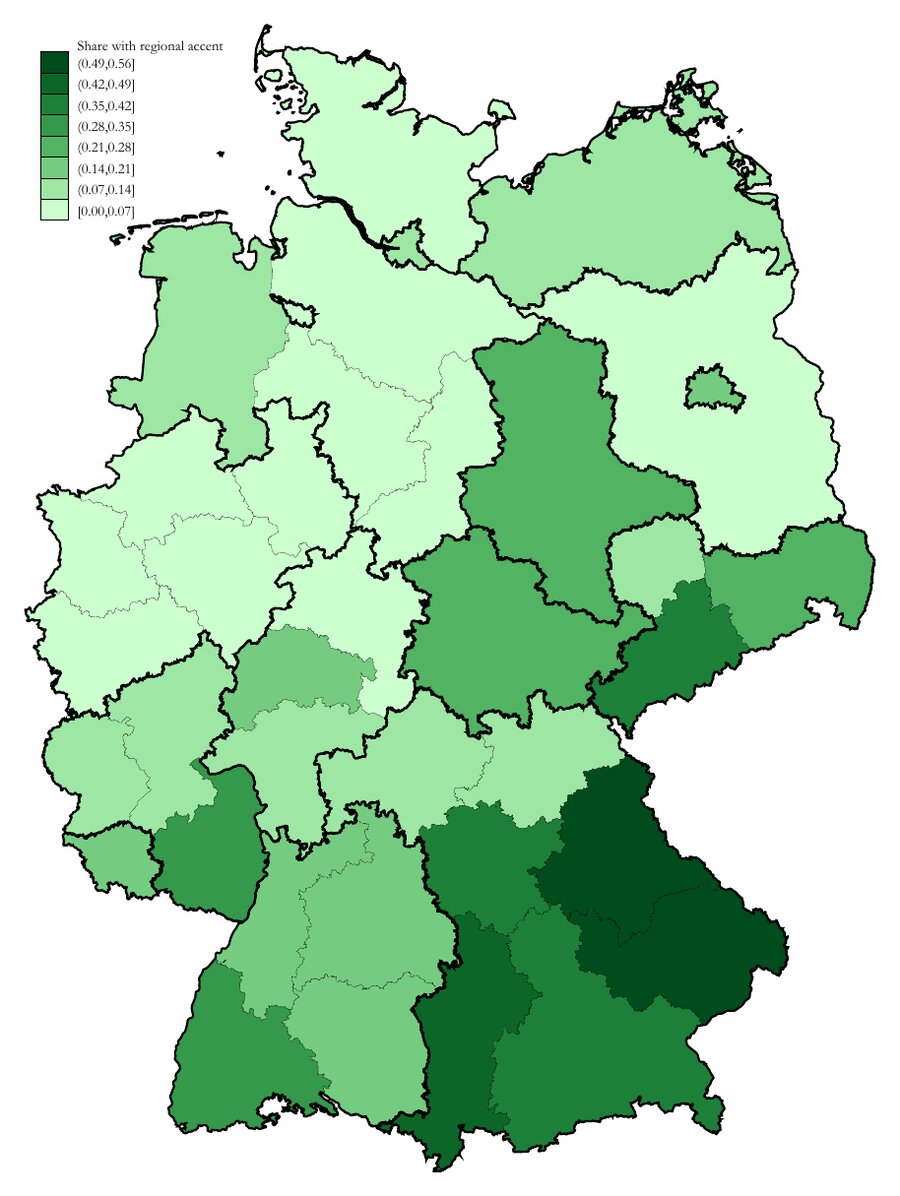 Map of Germany: share of workers speaking with a distinctive regional accent, by region.